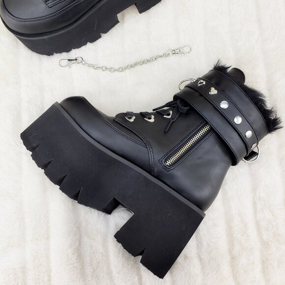Goth Punk Platform Ankle Boots Furry Chain Cuff 57 - Picture 6 of 16